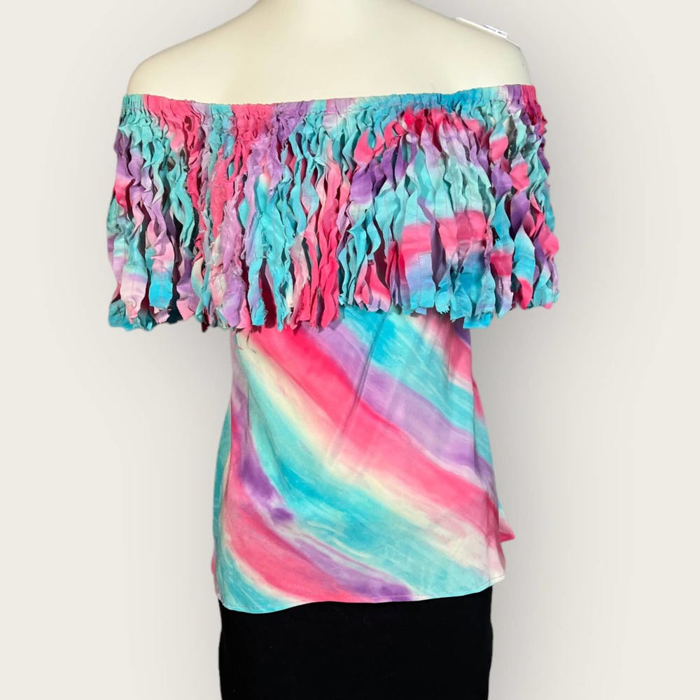 Vintage Silk Top (S) Off-Shoulder Fringe "B. Grisham" 80s - Picture 2 of 7